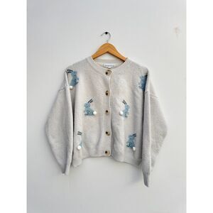 Threaded Leaf Gray Bunny Rabbit Cardigan with Pom Pom Tails Size L